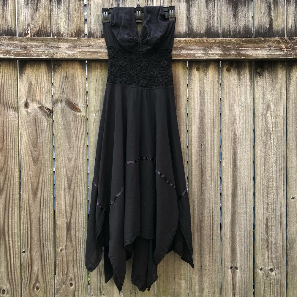 Vintage Witchy Halter Midi Dress Handkerchief Hem Smocked Size L Black